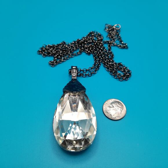 Large Crystal Teardrop Necklace, Long Gunmetal Gray Chain, 42" - Picture 8 of 9